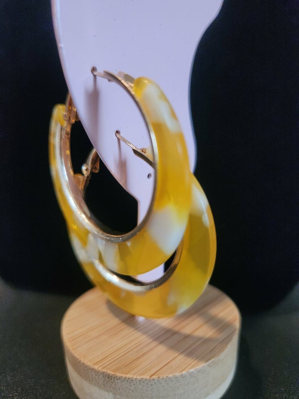 Yellow & White Marbled Acrylic Hoop Earrings With Gold Tone Hardware